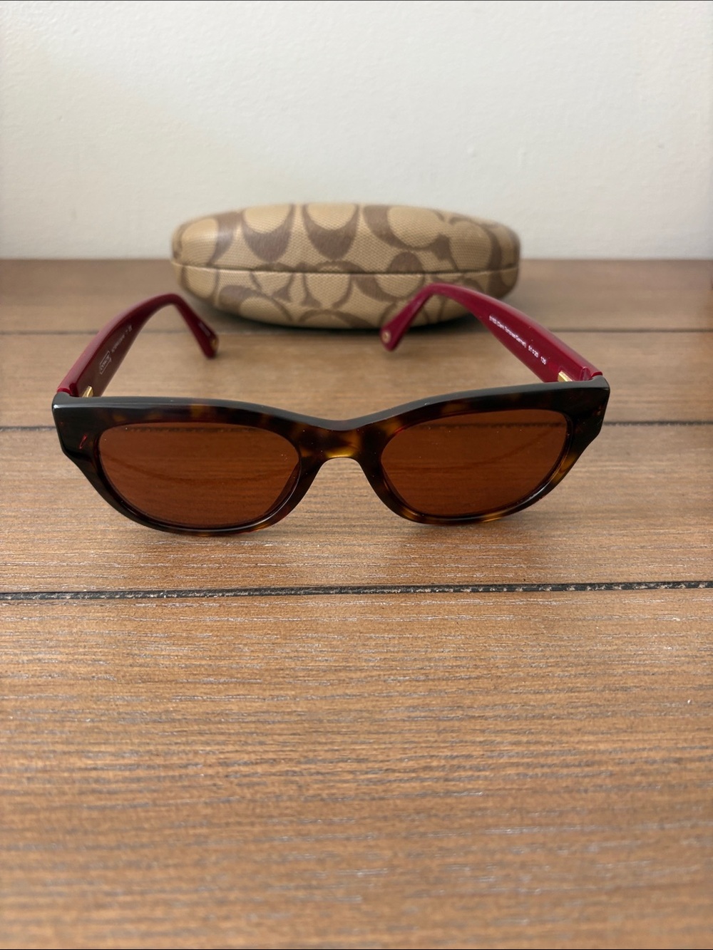 Coach Women's Tortoiseshell Sunglasses with Red Temples and Brown Lenses